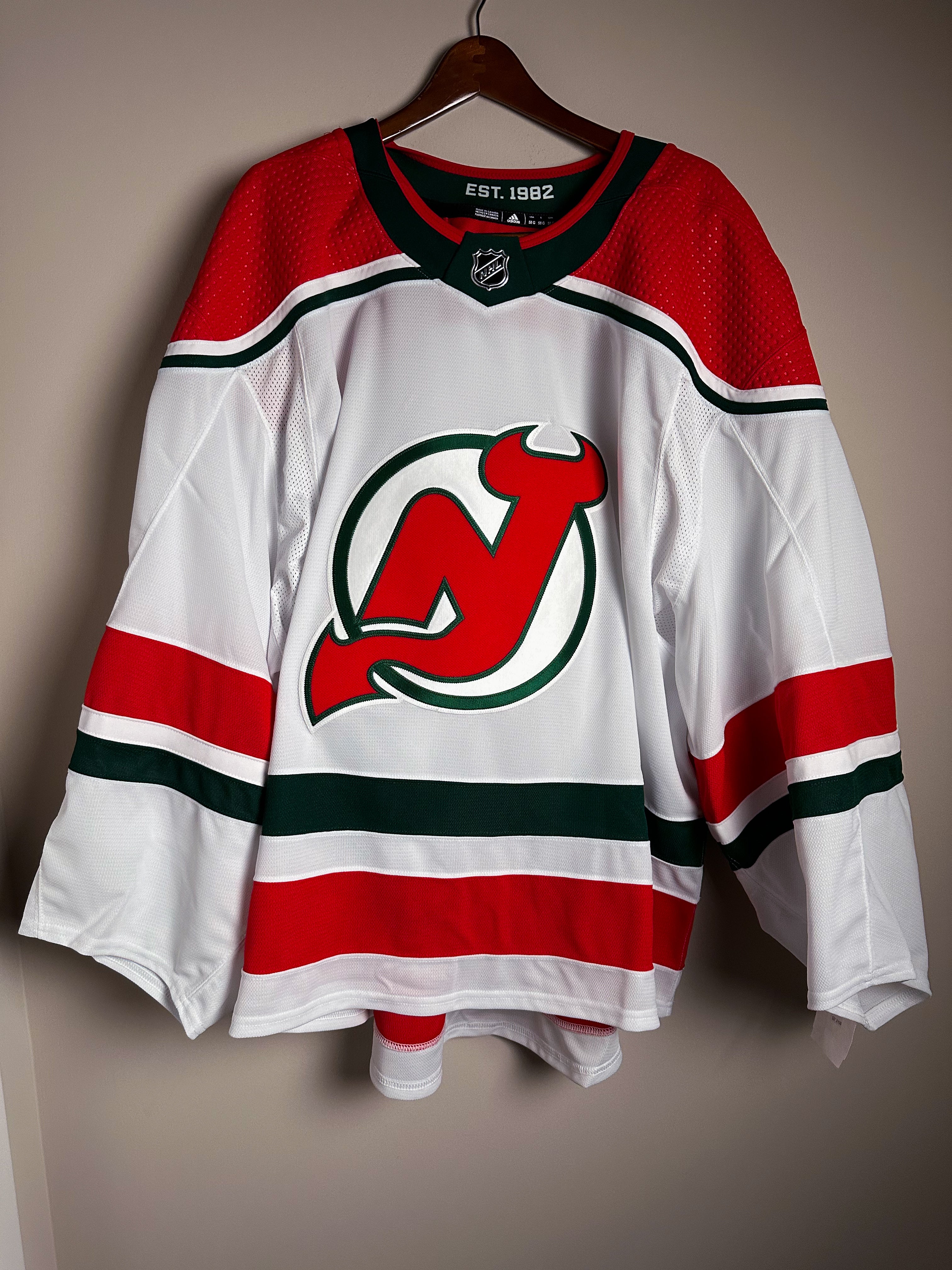 New Jersey Devils NHL Adidas MiC W Anniversary Heritage Primegreen Jersey White Size 58G